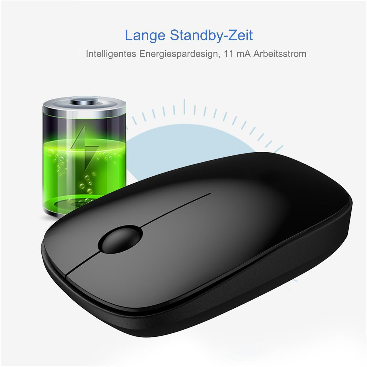 Schwarze kabellose Maus mit Batterie und Text auf Deutsch.