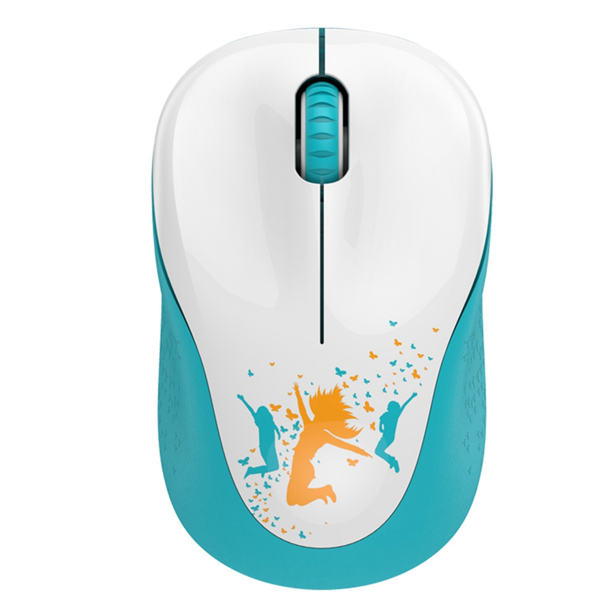 Weiße und türkisfarbene Computermaus mit einem Design von springenden Figuren und Schmetterlingen.