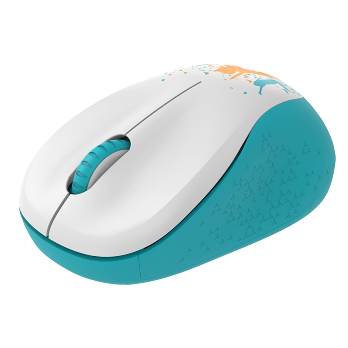 Eine weiße und blaue Maus mit einem Scrollrad.