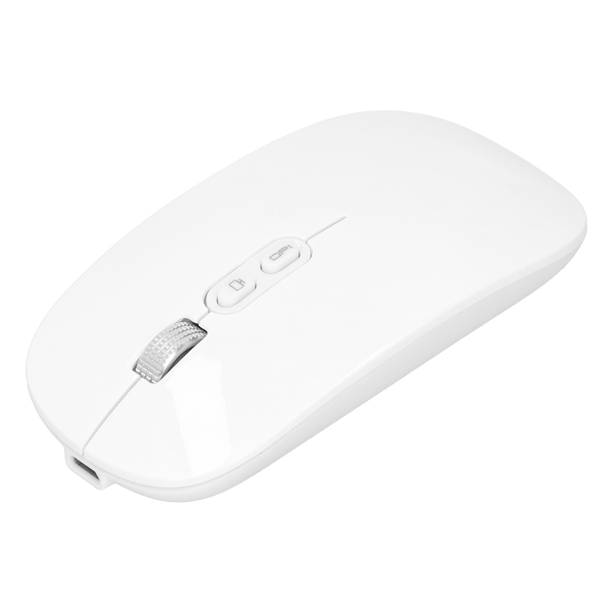 Weiße drahtlose Computermaus. Sie hat ein Scrollrad und zwei Tasten. Isoliert auf weißem Hintergrund.