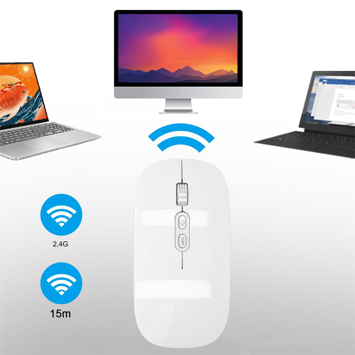 Weiße kabellose Maus in der Nähe von Laptops und Monitor, zeigt WLAN-Signale.