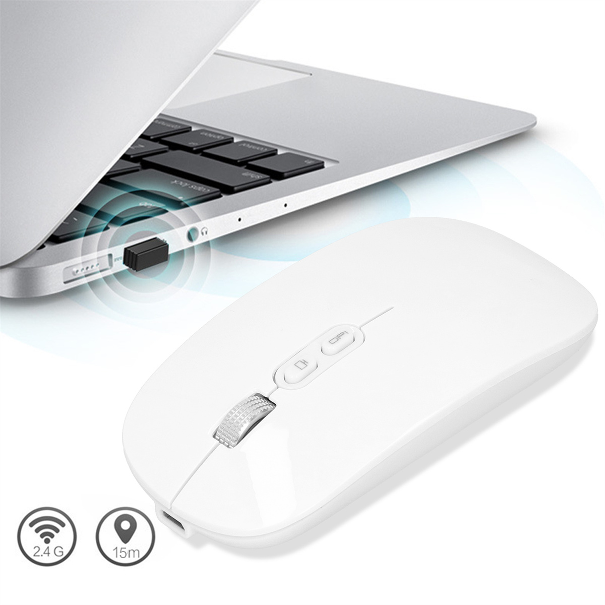 Eine weiße kabellose Maus mit einem USB-Empfänger, der an einen Laptop angeschlossen ist.