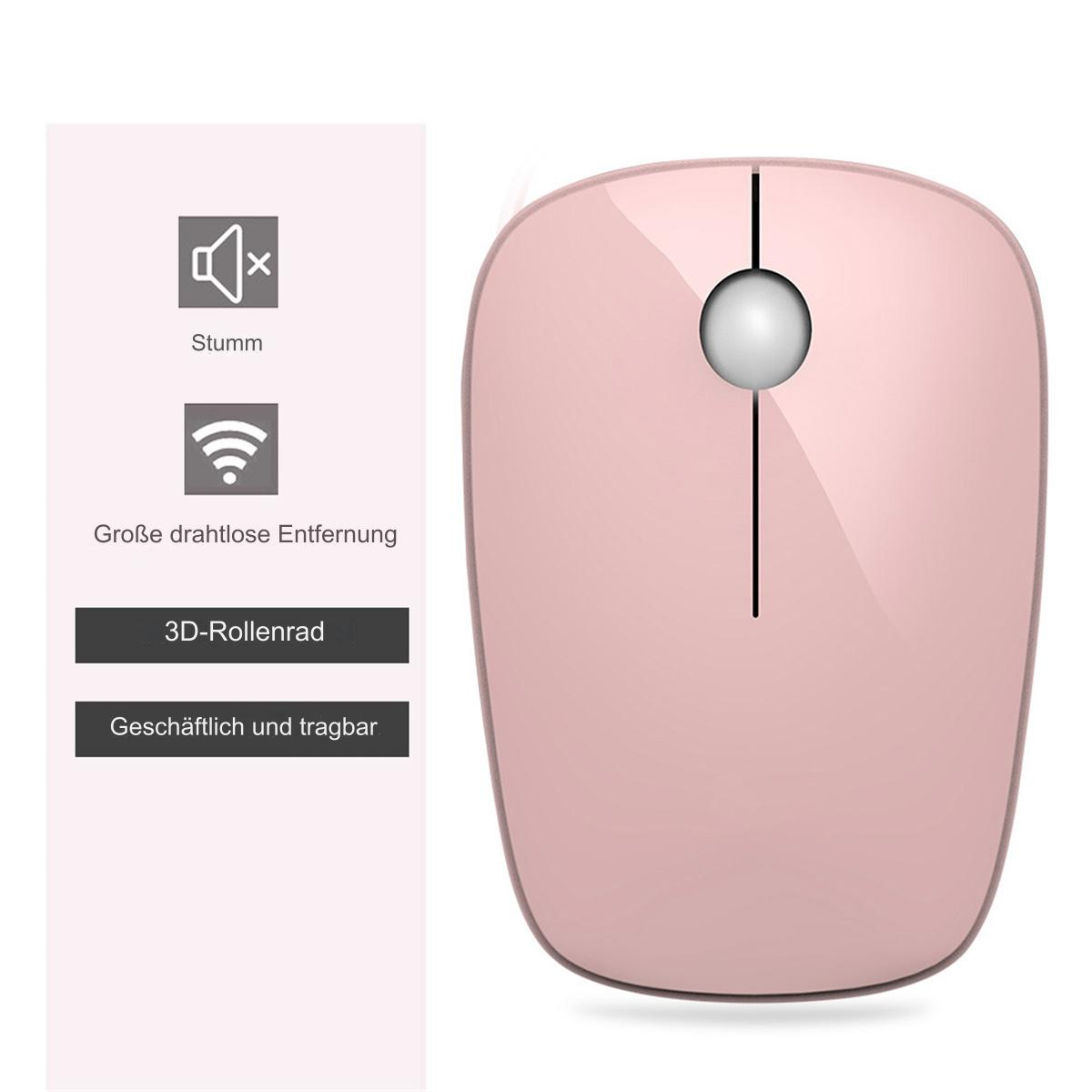 Drahtlose rosa Maus mit Scrollrad und Textfeld mit Symbolen.