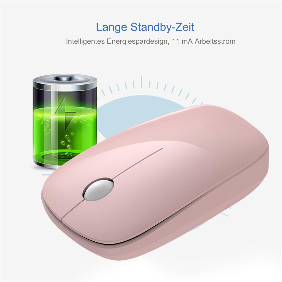 Rosa kabellose Maus neben einer Batterie. Die Maus hat einen rosa Körper und eine weiße Taste.