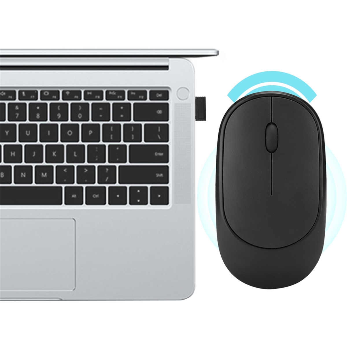 Laptop mit schwarzer Maus daneben. Drahtloses Signal, das von der Maus ausgeht.