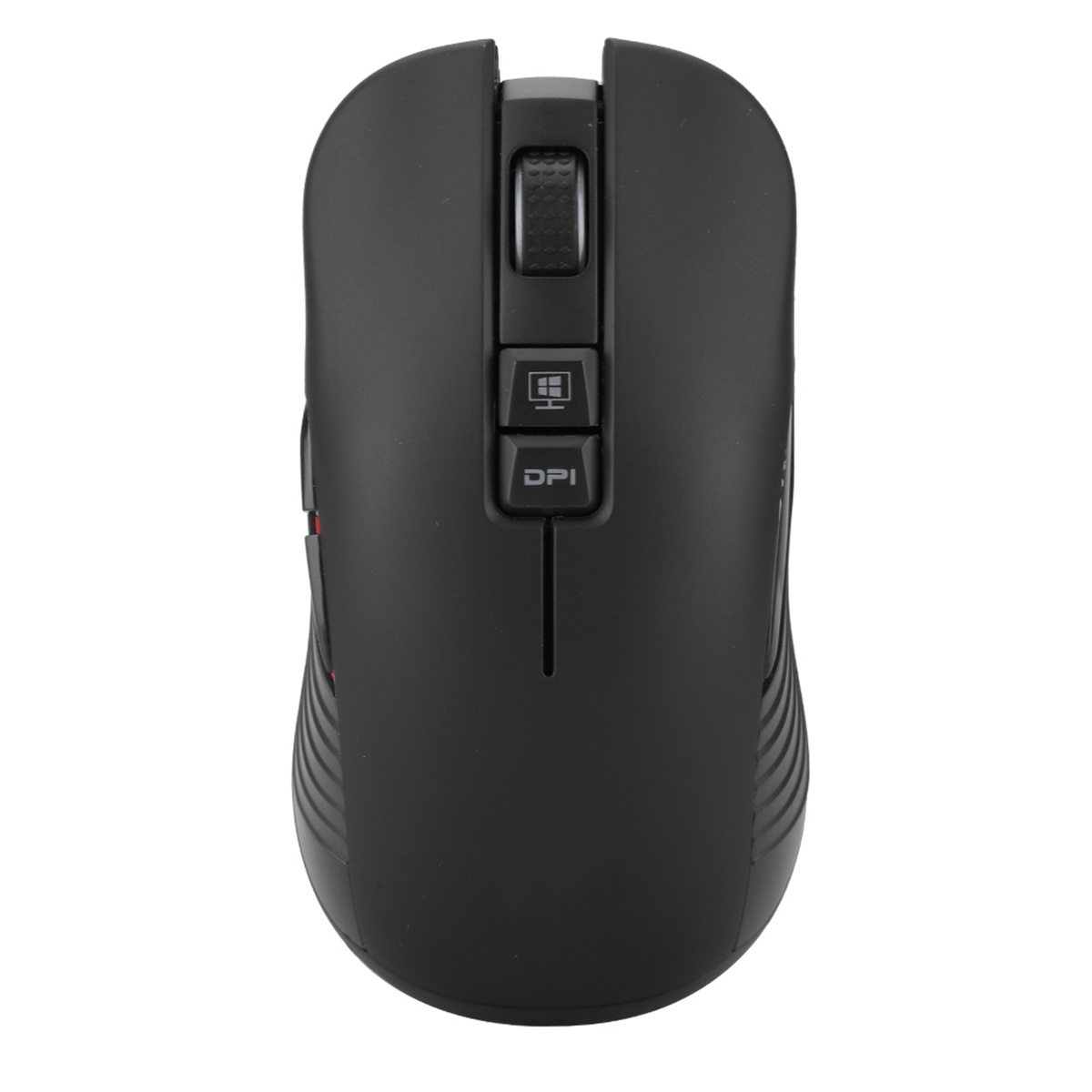 Eine schwarze Computermaus mit einem Scrollrad und einer DPI-Taste.