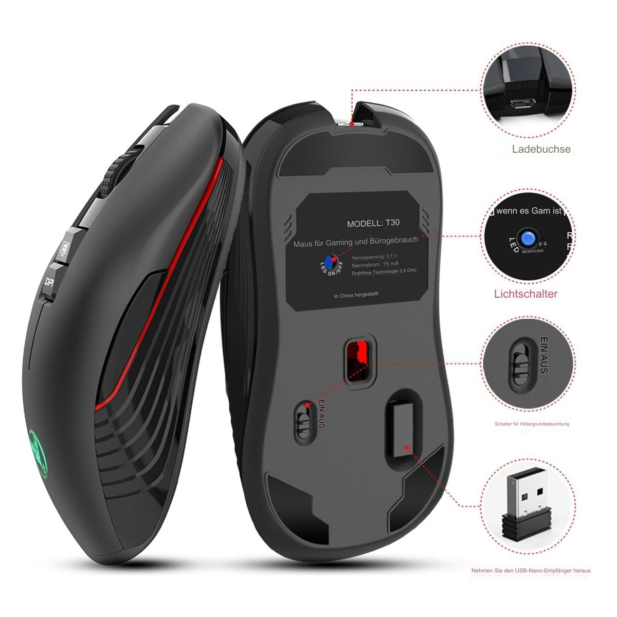 Schwarze Gaming-Maus mit roten Akzenten. Zeigt die Ober- und Unterseite. Die Unterseite zeigt den USB-Empfänger.