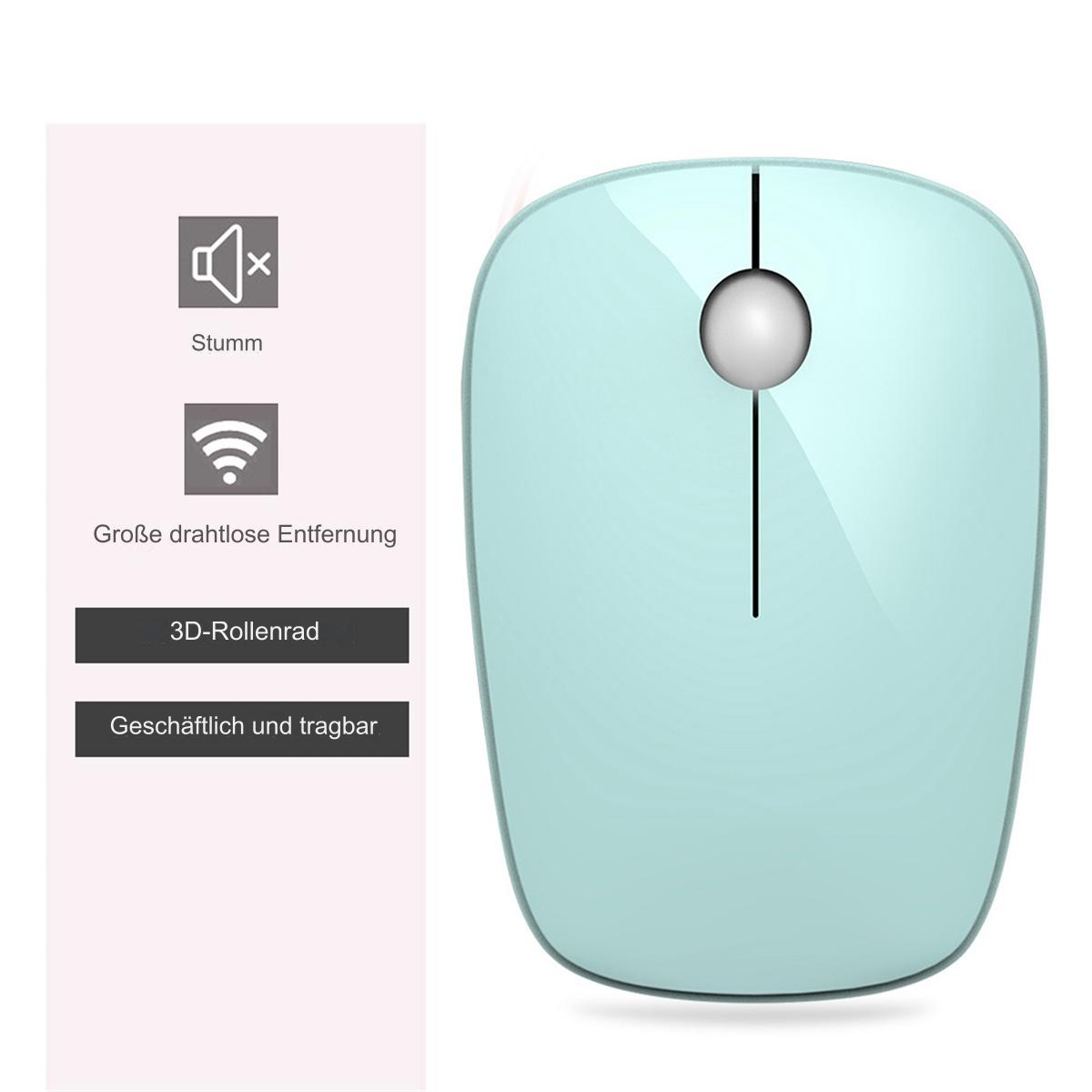 Eine türkisfarbene kabellose Maus. Beschriftungen für Stumm, drahtlose Reichweite und 3D-Scrollrad.