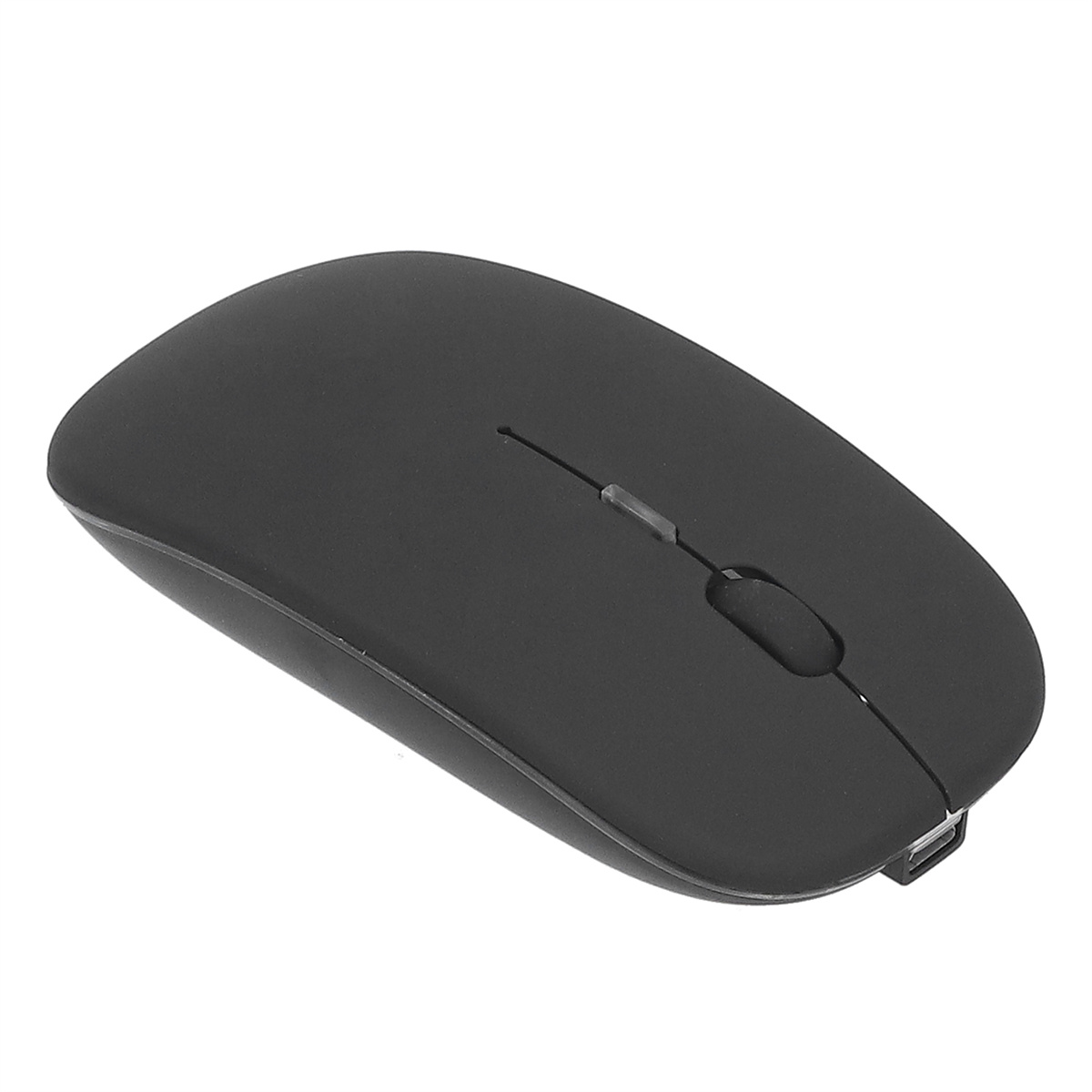 Eine schwarze Computermaus mit Scrollrad und USB-Anschluss auf weißem Hintergrund.