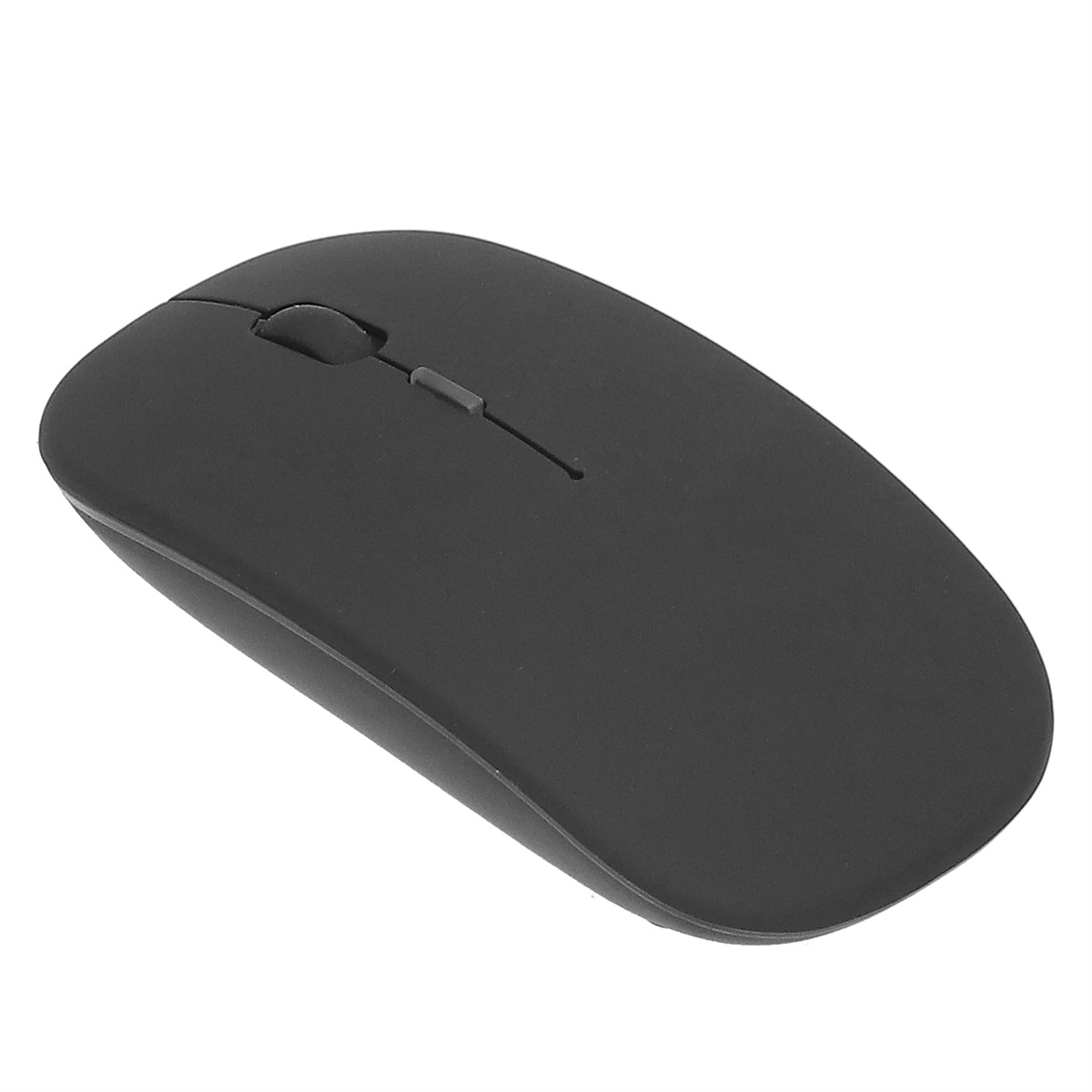 Schwarze drahtlose Computermaus auf weißer Oberfläche. Sie hat ein Scrollrad und zwei Tasten.