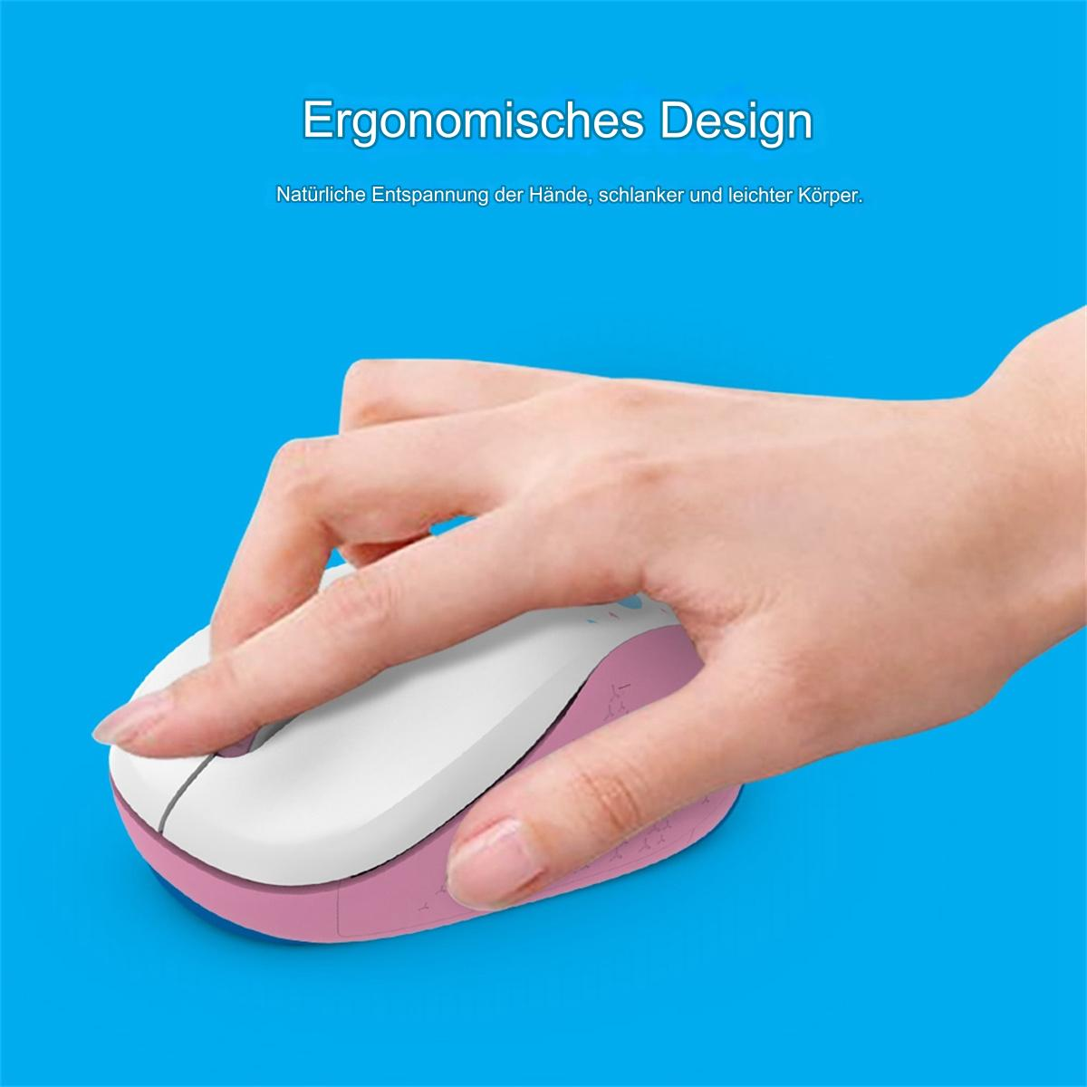 Eine Person benutzt eine rosa und weiße Computermaus auf blauem Hintergrund.