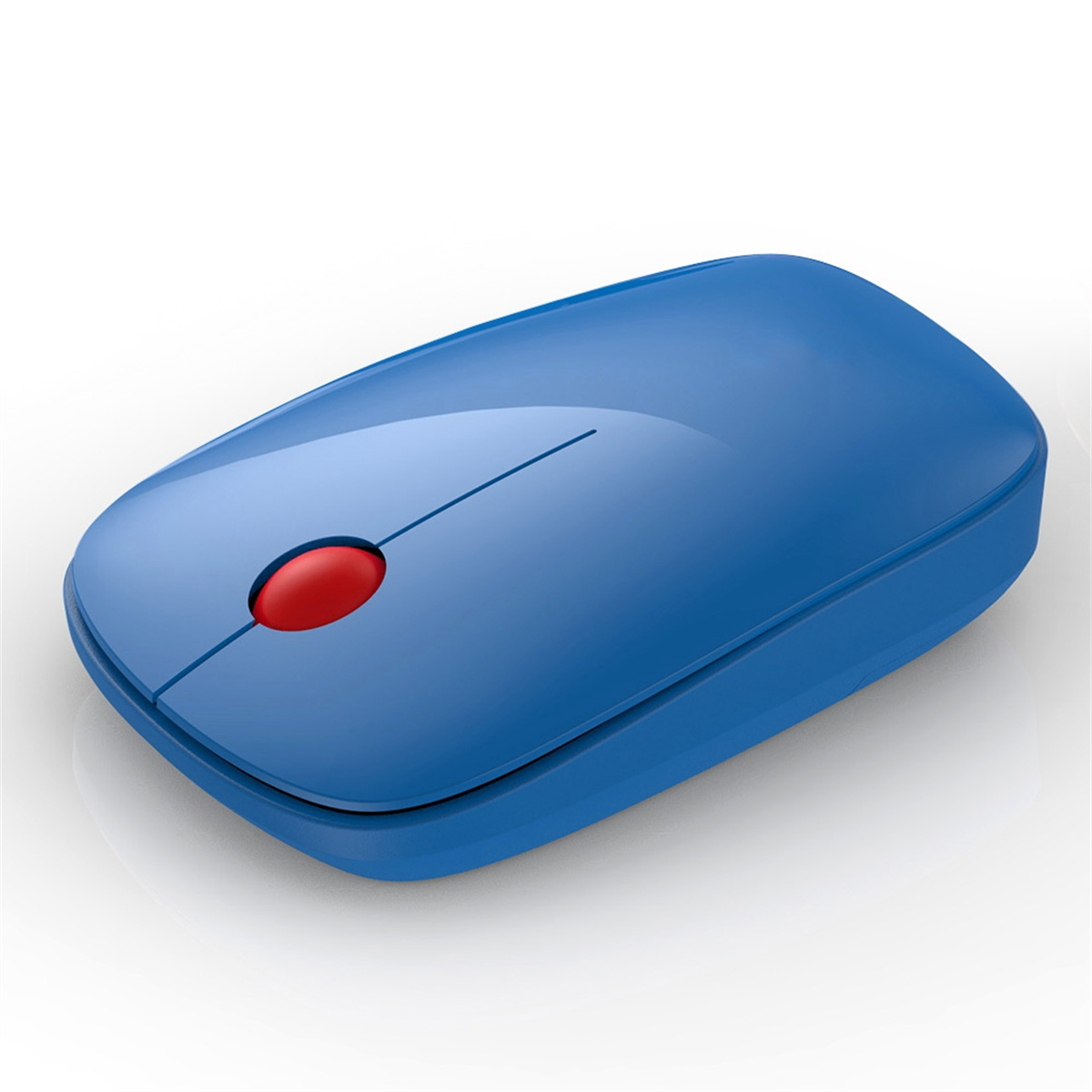 Eine blaue Computermaus mit einer roten Mitteltaste.