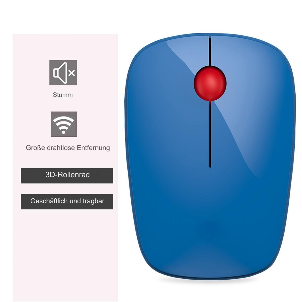 Blaue kabellose Maus mit rotem Scrollrad.