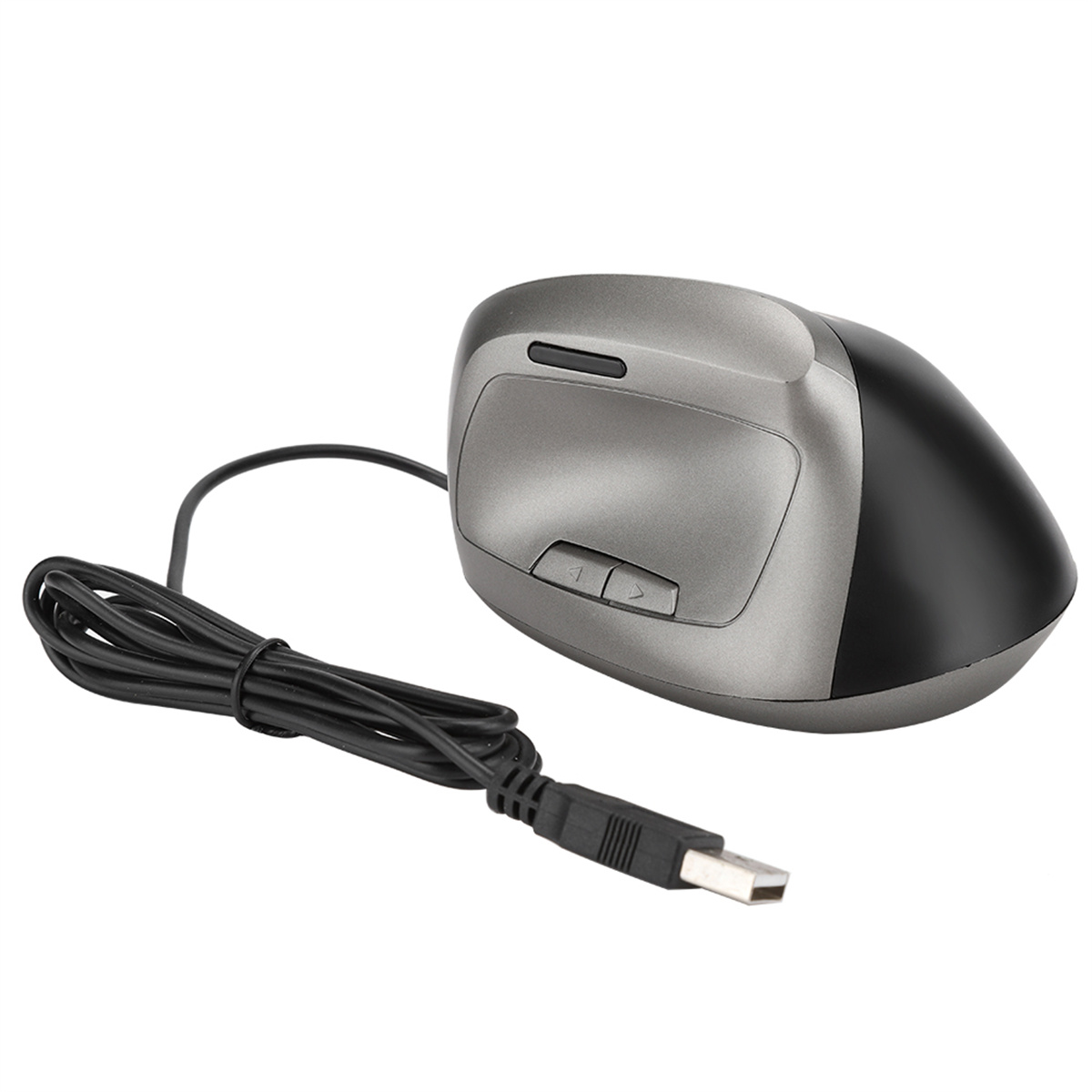 Eine grau-schwarze ergonomische Maus mit Kabel und USB-Anschluss. Der Hintergrund ist weiß.