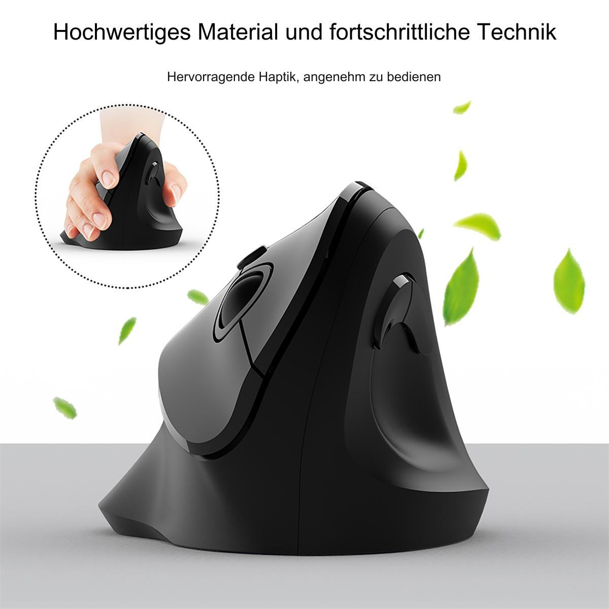 Eine schwarze ergonomische Maus mit einer Hand auf der Maus in der Ecke.