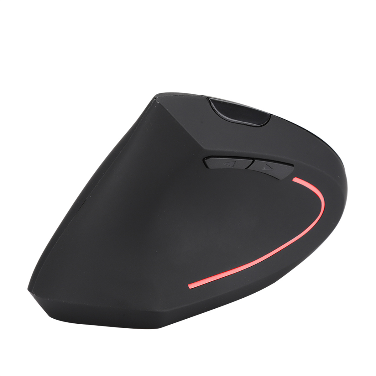 Schwarze ergonomische vertikale Maus mit rotem Licht, Tasten und Design.
