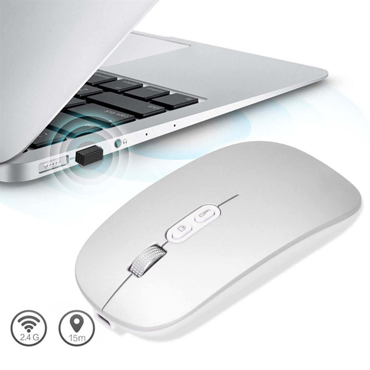 Eine silberne Computermaus mit einem Empfänger, der an einen Laptop angeschlossen ist, in der Nähe von WLAN- und Entfernungssymbolen.