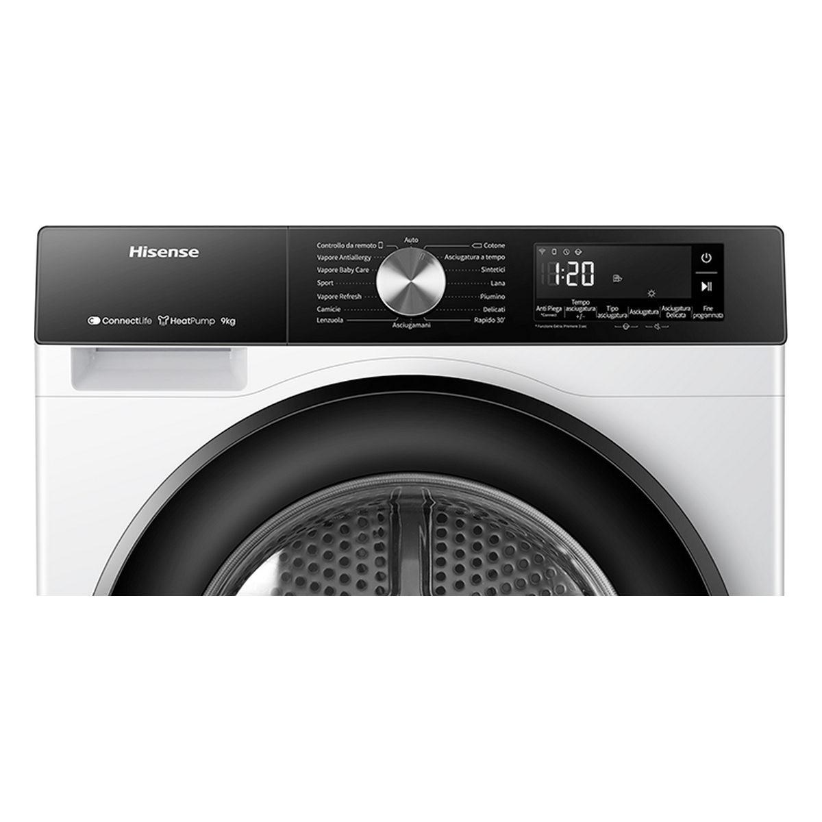 Biała suszarka Hisense z panelem sterowania. Ma pokrętło i wyświetlacz cyfrowy. Widoczna nazwa marki.