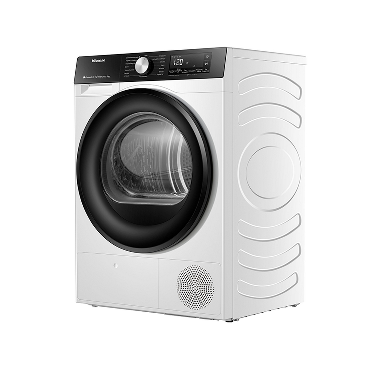 Biała suszarka Hisense z czarnymi drzwiami i panelem sterowania.