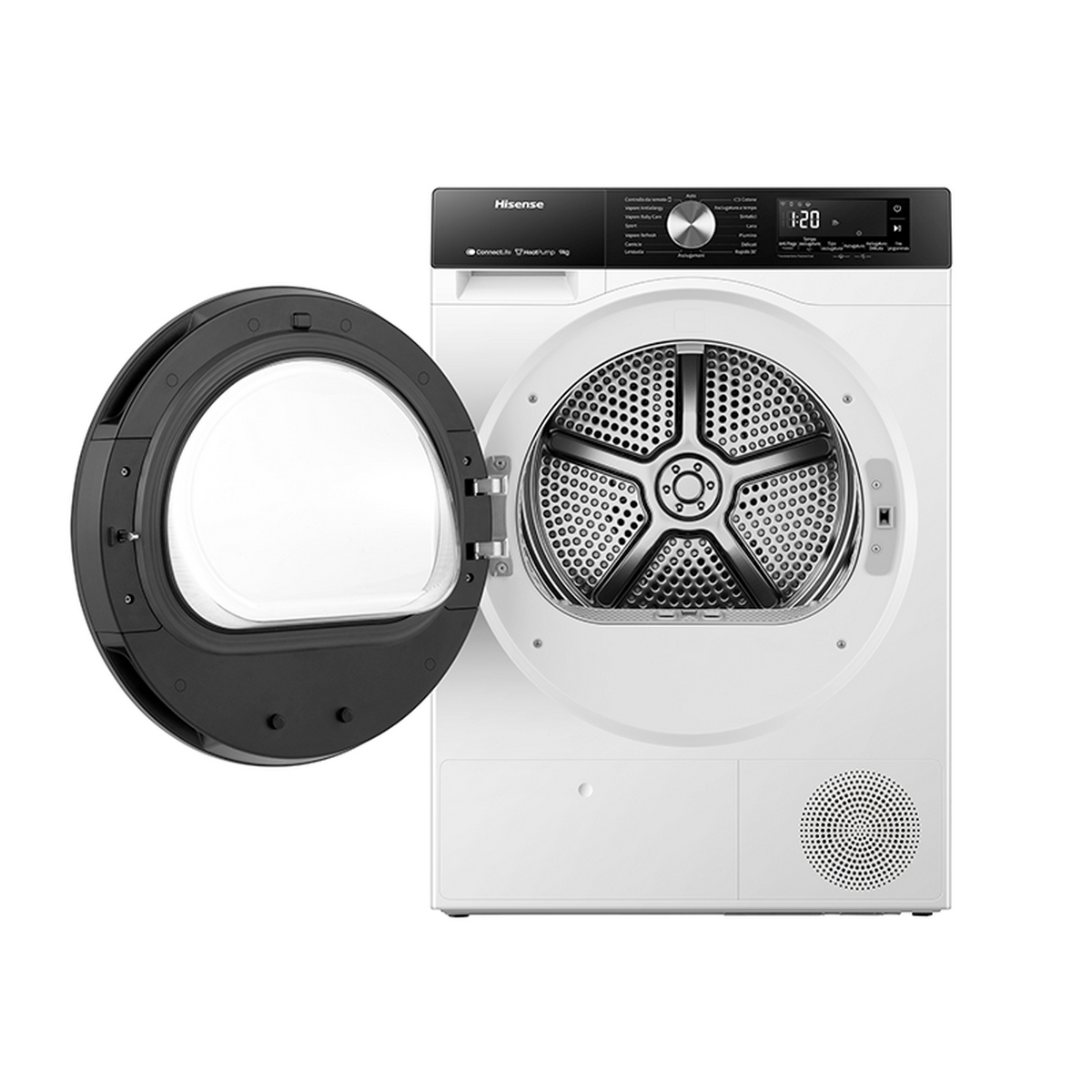 Biała suszarka Hisense z otwartymi drzwiami, pokazująca bęben wewnętrzny. Wyświetlacz cyfrowy i panel sterowania.