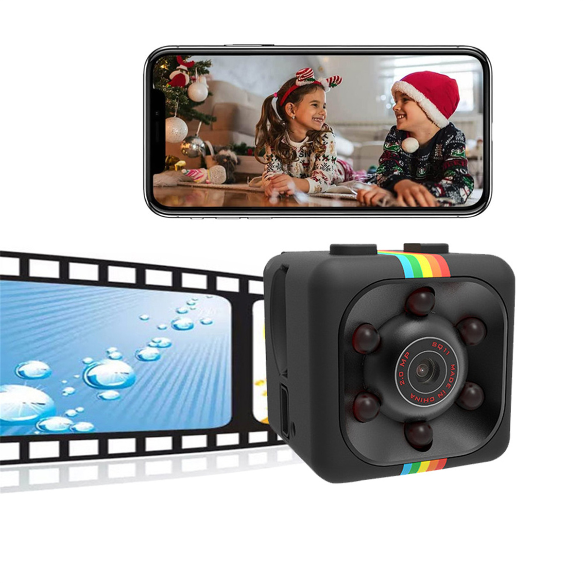 Eine Kamera, ein Telefon mit Videoanruf und ein Filmstreifen mit Blasen.