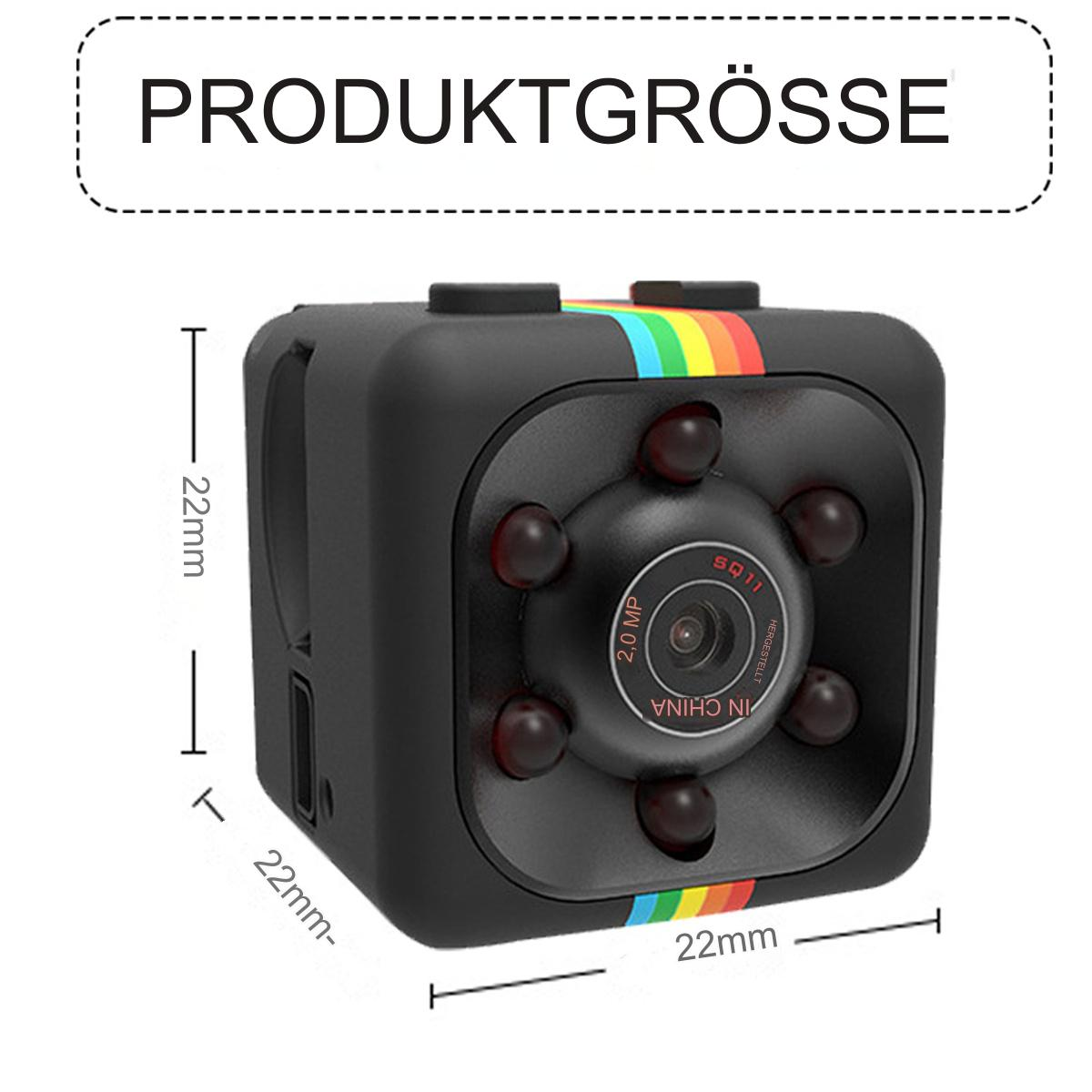 Kleine schwarze Kamera mit Regenbogenstreifen. Text: 2.0 MP, IN CHINA, Maße.