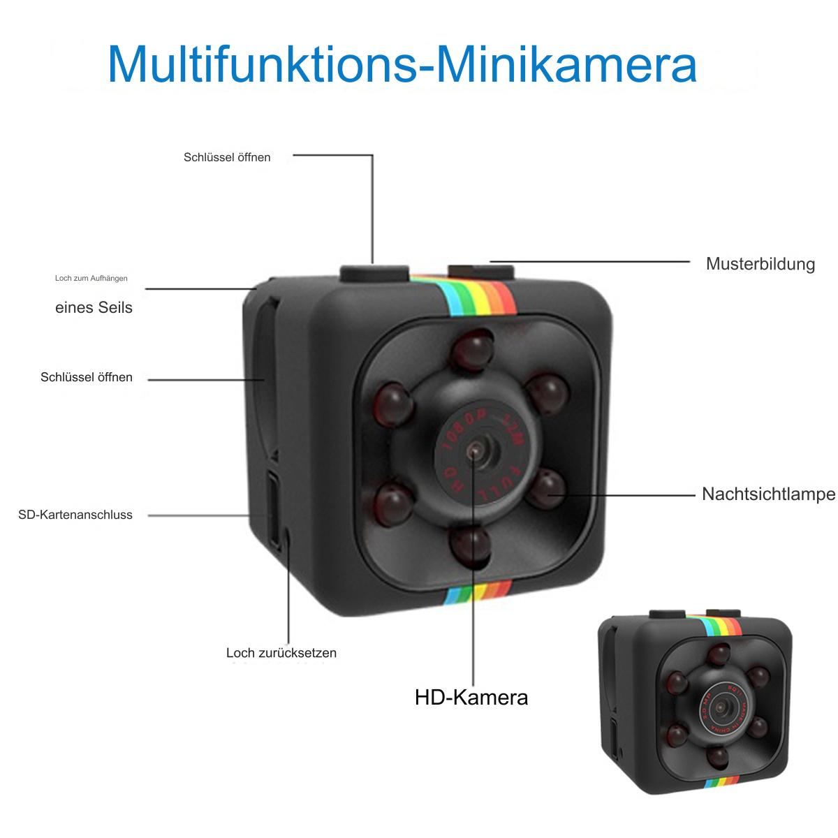 Miniatur-Schwarz-Kamera mit farbigen Streifen, beschrifteten Anschlüssen und einem HD-Kameraobjektiv.