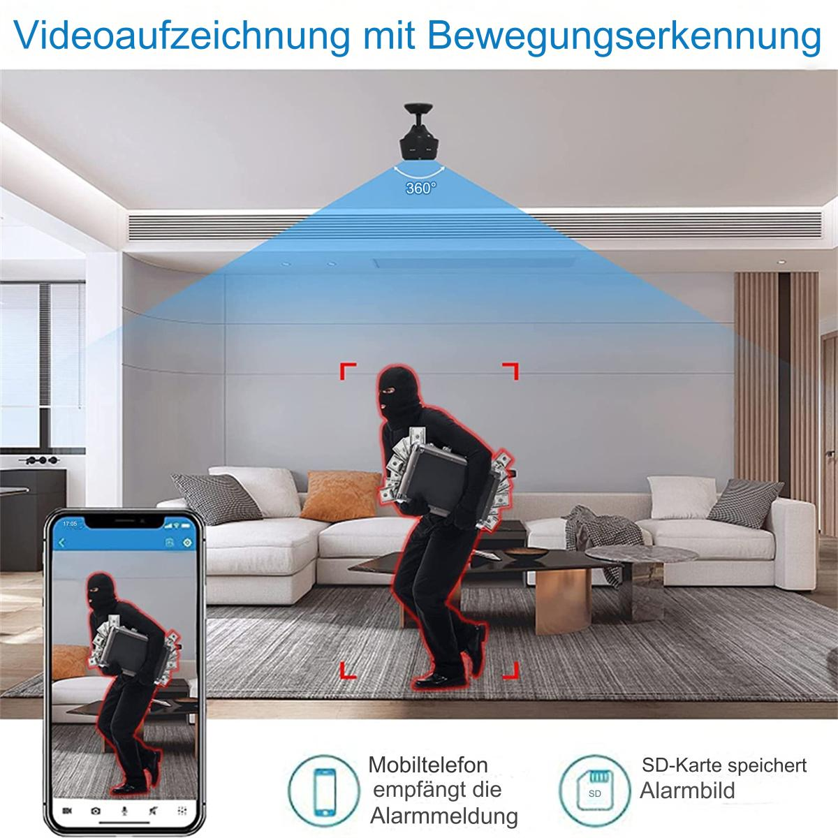 Eine Überwachungskamera, die einen Raubüberfall aufzeichnet. Ein Dieb trägt Geld. Ein Telefon zeigt den Alarm.