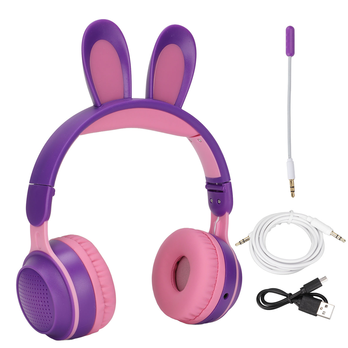 Lila und rosa Hasenohrhörer, mit separatem Mikrofon und Ladekabel. Weißer Hintergrund.