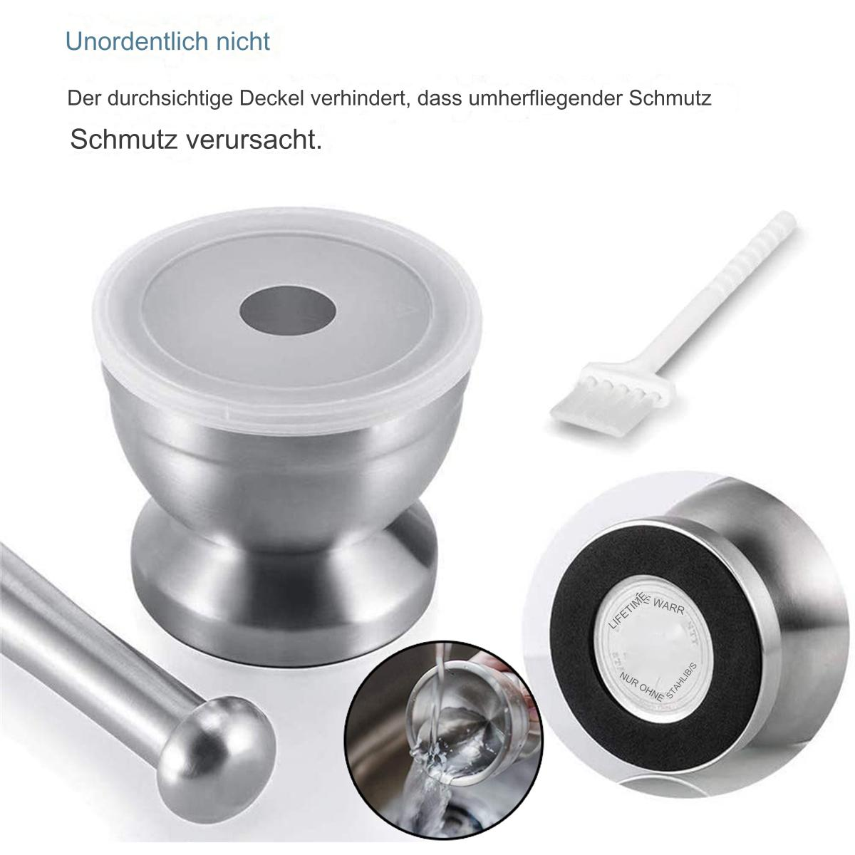 Mörser und Stößel-Set aus Edelstahl mit Deckel und Reinigungsbürste.