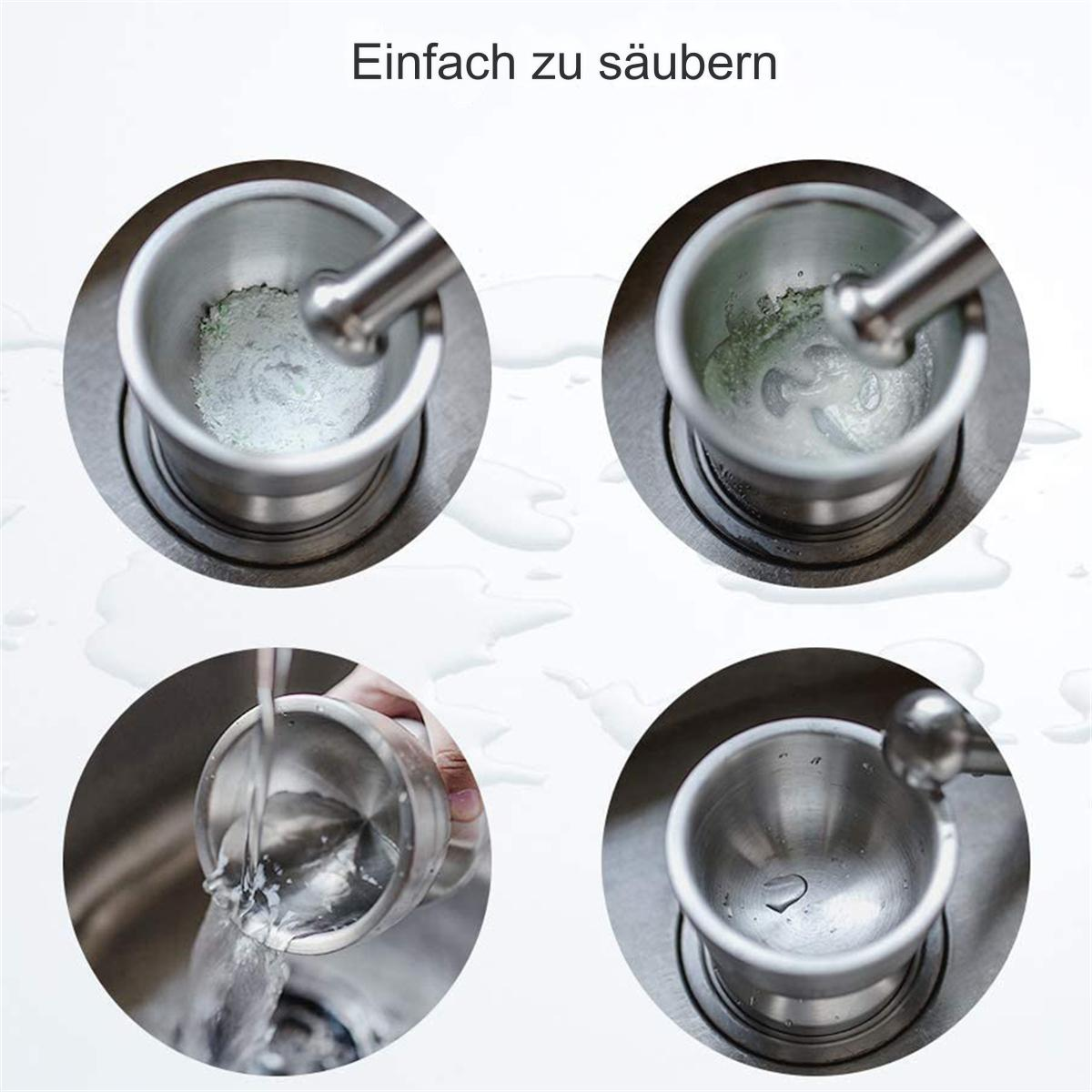 Vier Bilder von Edelstahlmörsern. Eines zeigt den Mörser, der mit Wasser gereinigt wird.