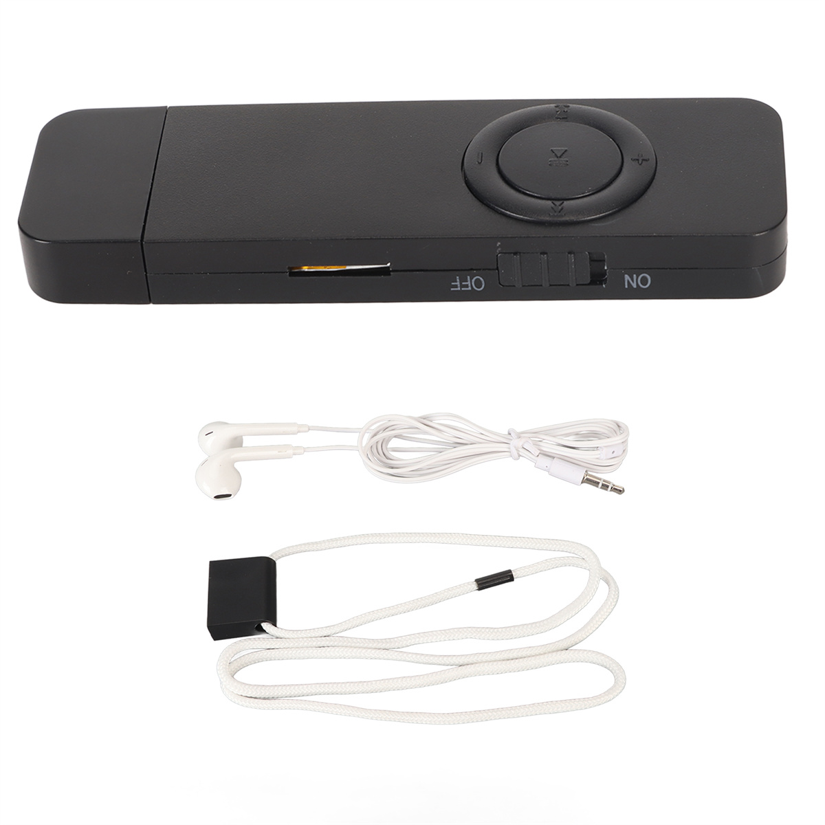 Schwarzer MP3-Player mit weißen Ohrhörern und einem weißen Schlüsselband.