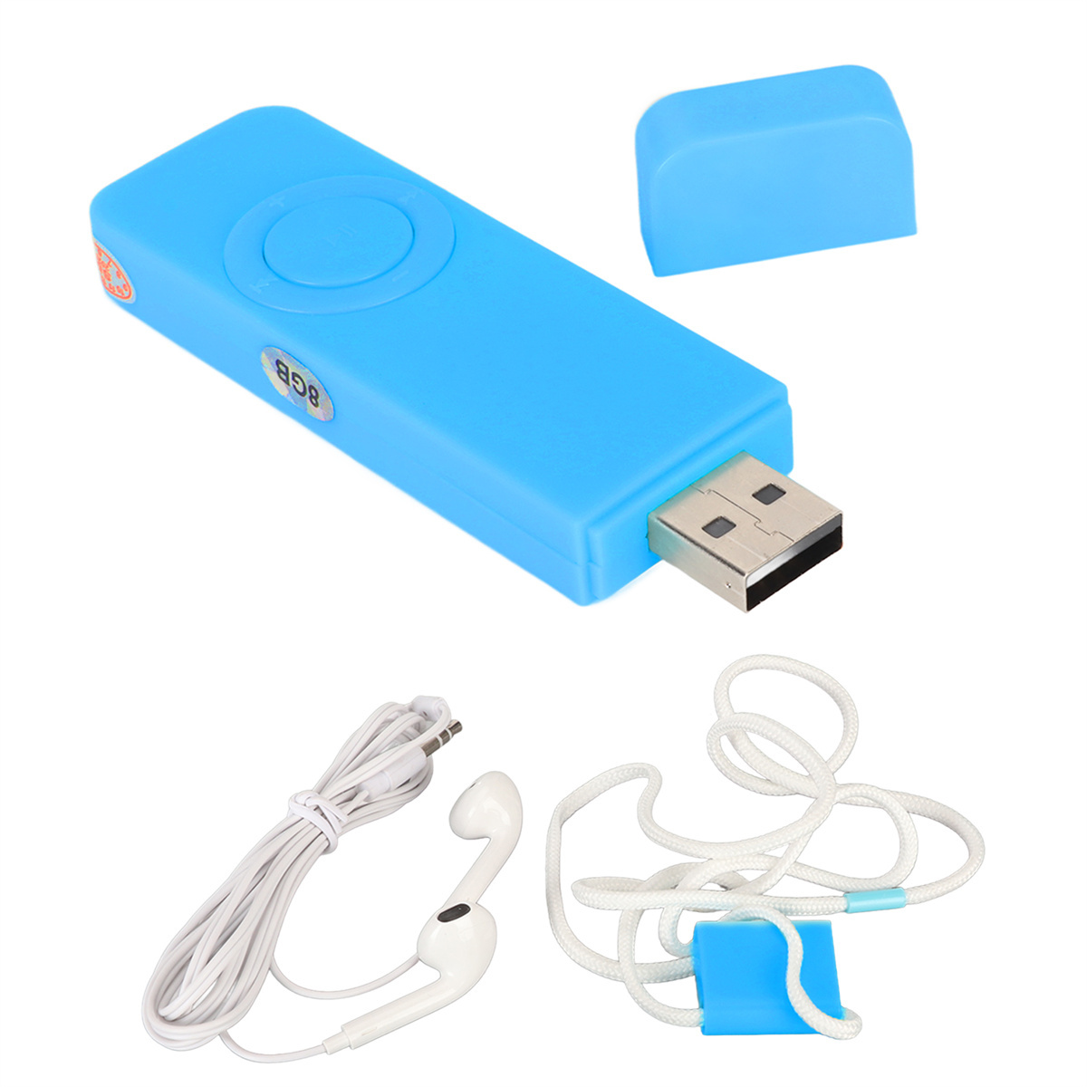 Ein blauer MP3-Player mit USB-Anschluss, Kopfhörern und einem Schlüsselband.