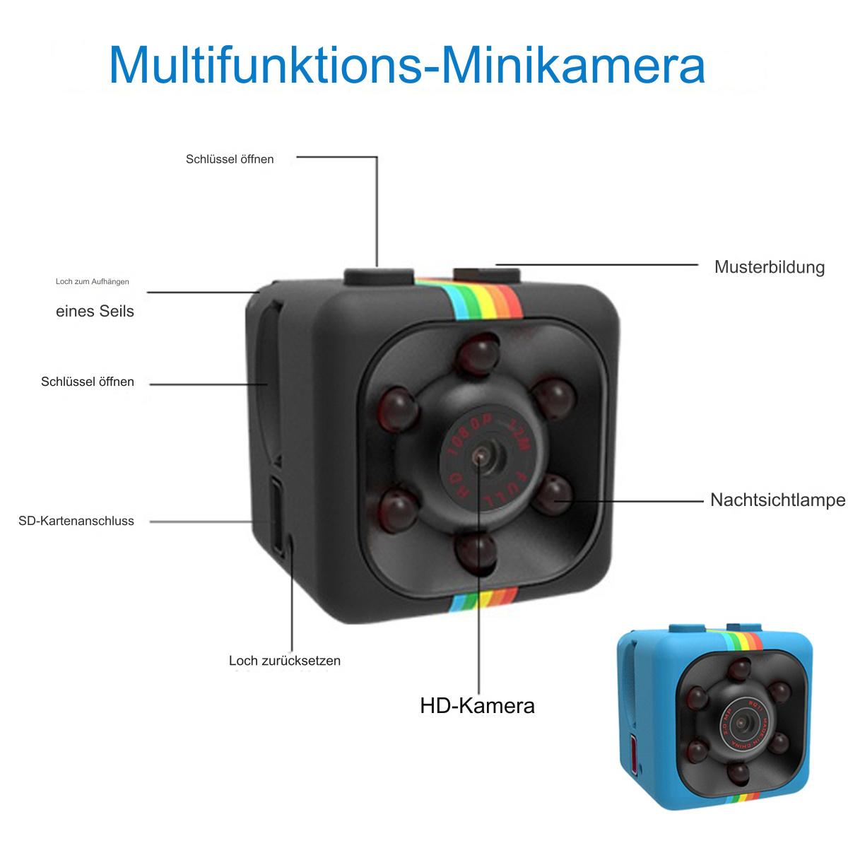 Kleine schwarze HD-Kamera mit mehrfarbigem Streifen und Beschriftungen. Blaue Kamera unten.
