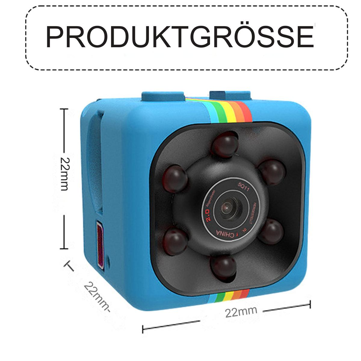 Blaue, quadratische Mini-Kamera mit Regenbogenstreifen. Abmessungen und Produktname sind gezeigt.
