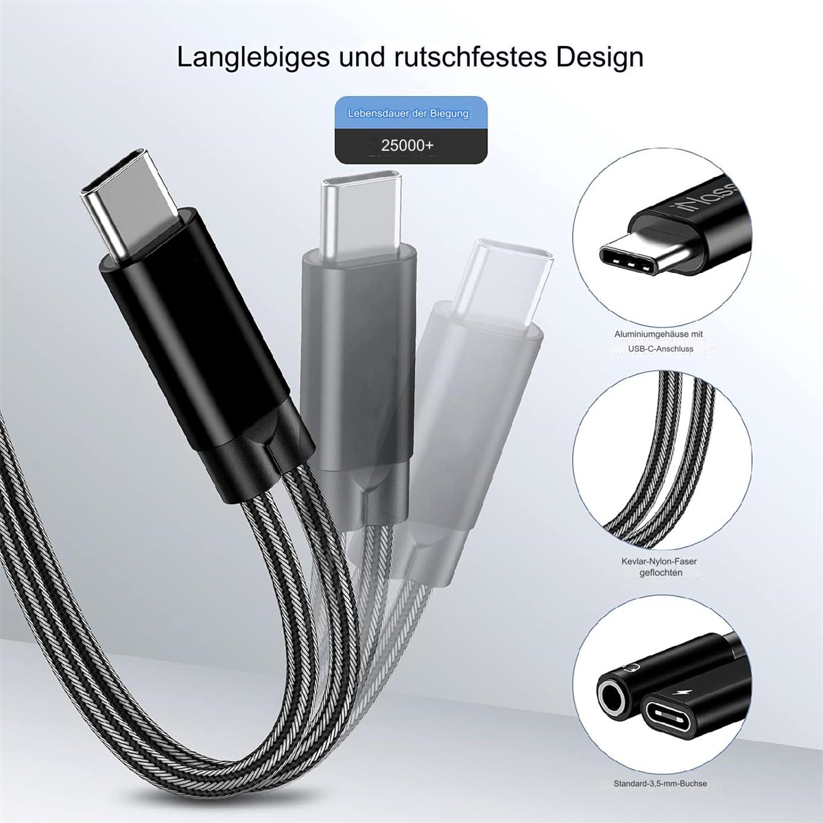 Schwarzes USB-C-Kabel mit drei Anschlüssen, mit Details zu den Anschlüssen und der Kabelstruktur.