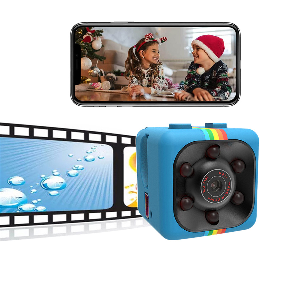 Eine blaue, regenbogenfarbene Kamera und ein Telefon, das Kinder zeigt. Auch Filmstreifen mit Blasen.