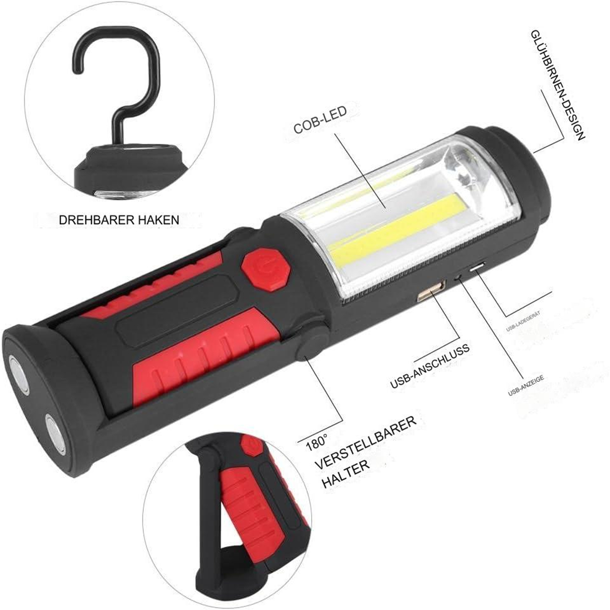 Schwarze und rote LED-Arbeitsleuchte mit Haken und Griff.