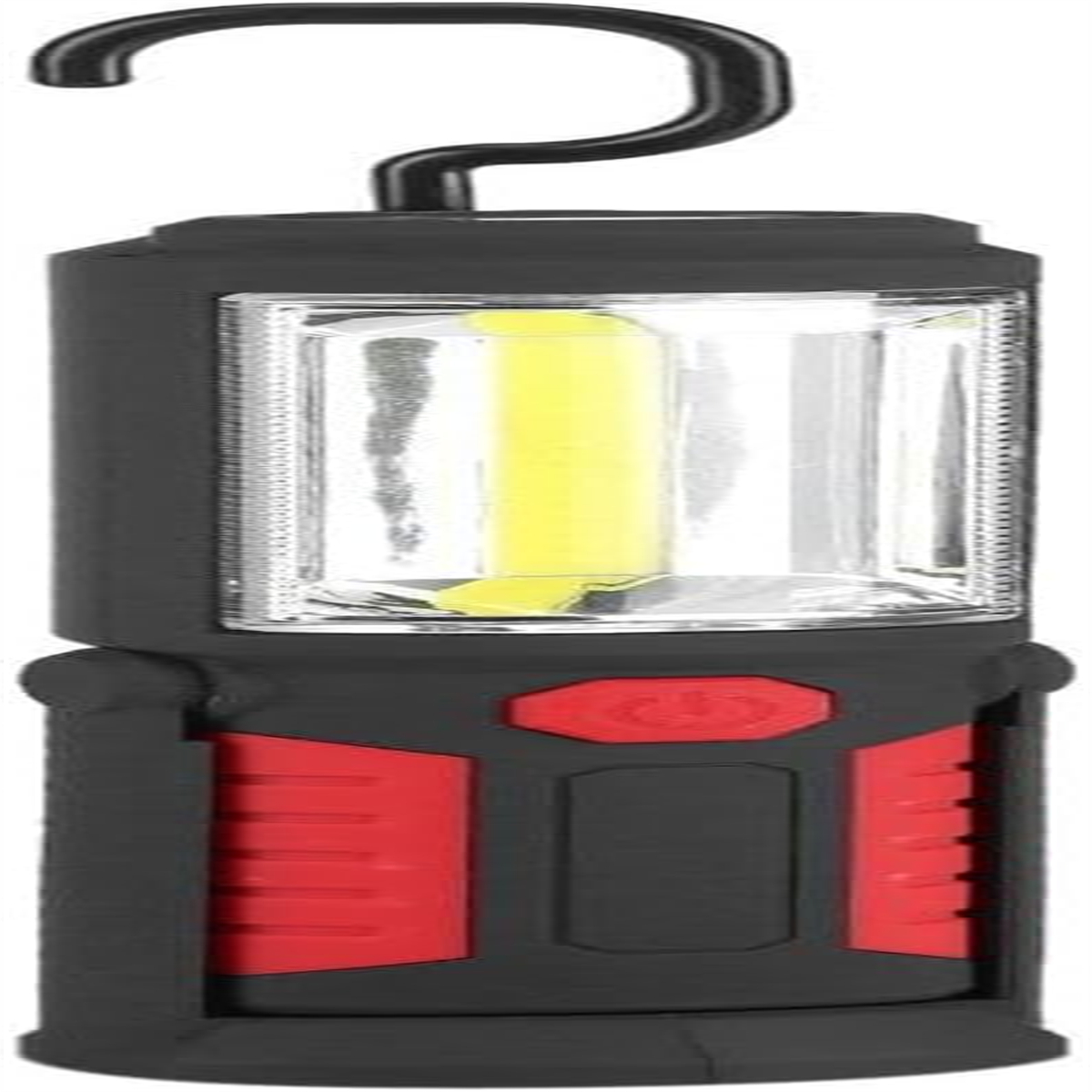 Schwarz-rote Taschenlampe mit Haken, mit hellem weißem Licht.
