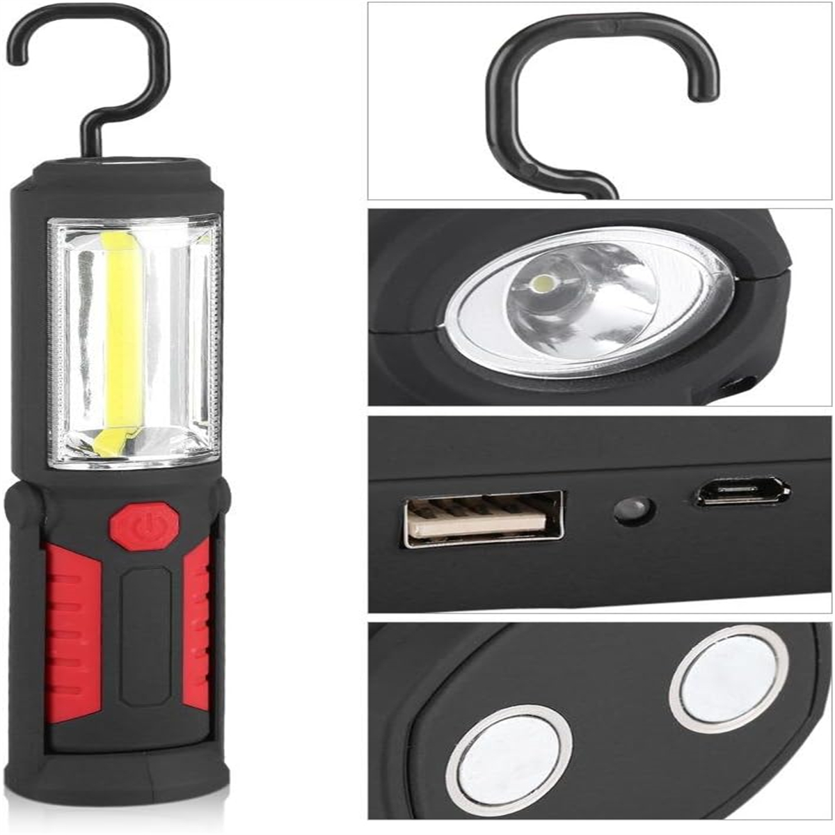 Eine schwarz-rote Arbeitsleuchte mit Haken, Taschenlampe und USB-Anschluss.