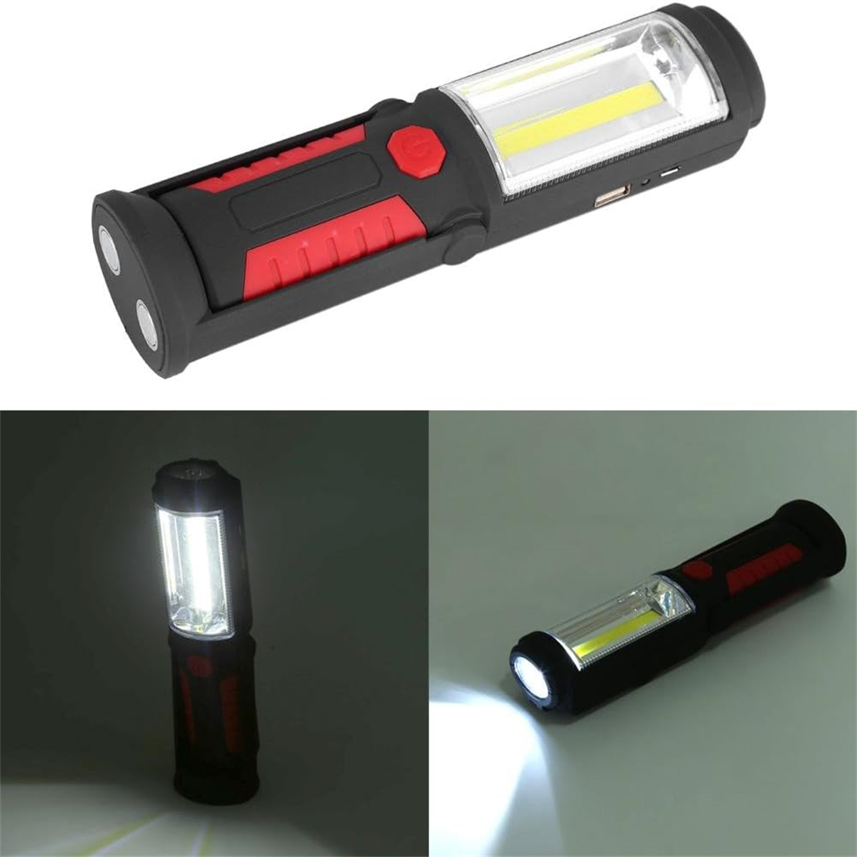 Schwarze und rote Taschenlampe mit roter Taste, zwei Lichtoptionen und USB-Anschluss.