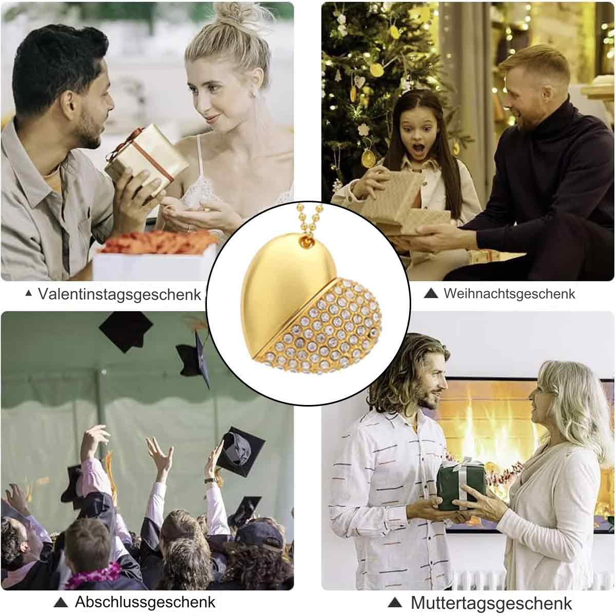 Eine goldene Herzanhänger-Halskette mit vier Bildern, die Geschenkgelegenheiten darstellen.