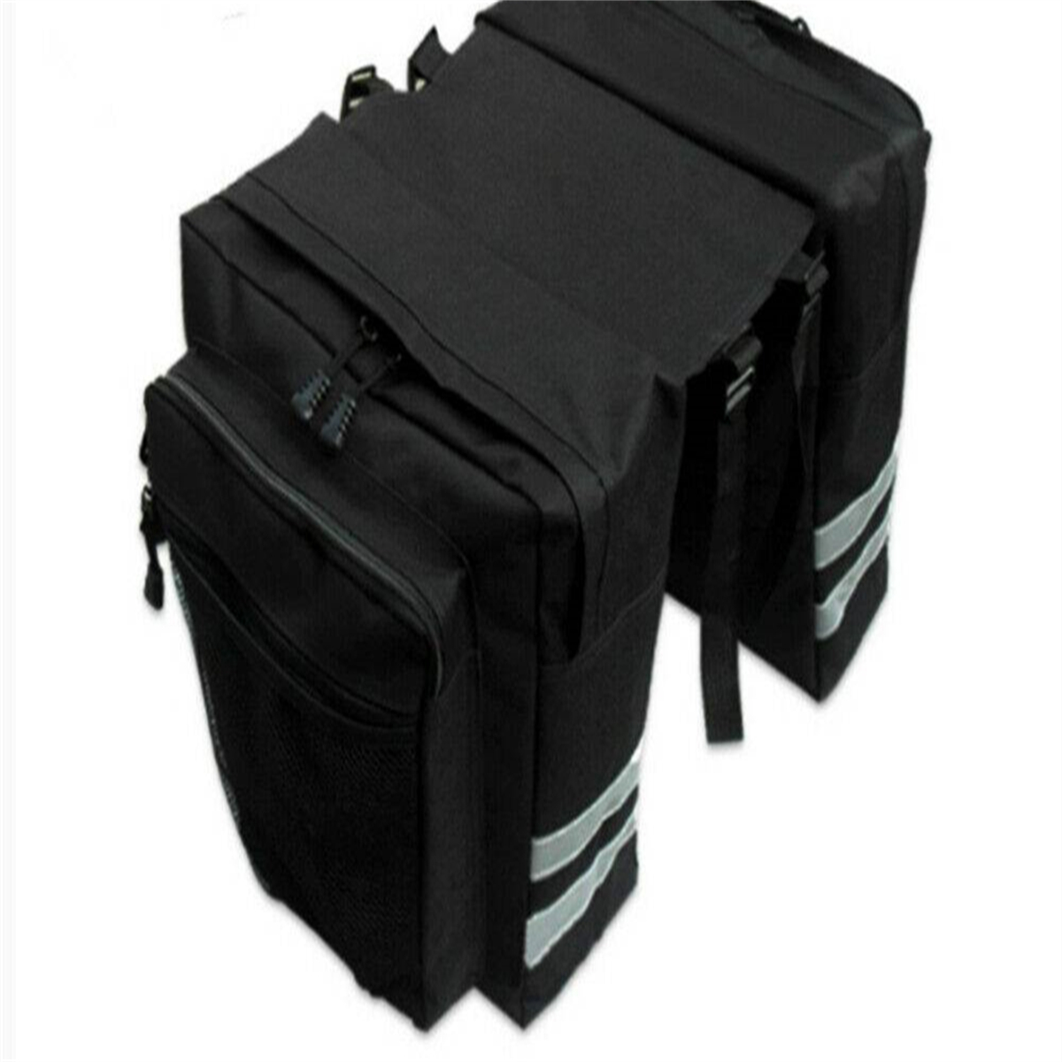 Schwarze Fahrradtaschen. Reflektierende Streifen an den Seiten. Zwei Fächer, Reißverschlusstaschen und Gurte.