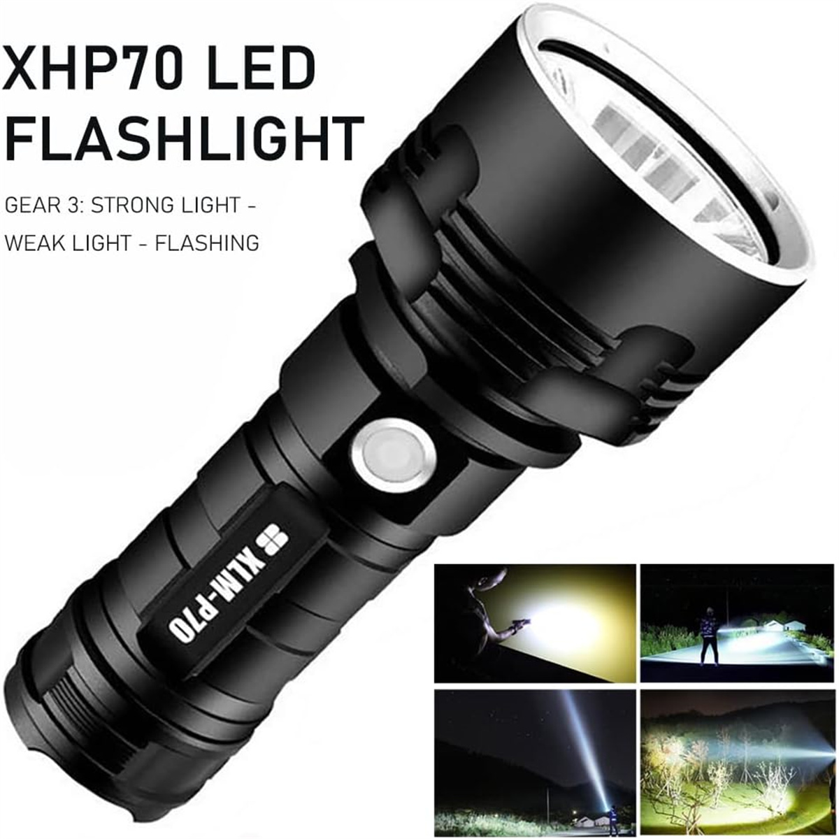 Schwarze XHP70 LED-Taschenlampe. Es hat verschiedene Lichtoptionen. Zusätzliche Bilder zeigen die Verwendung.