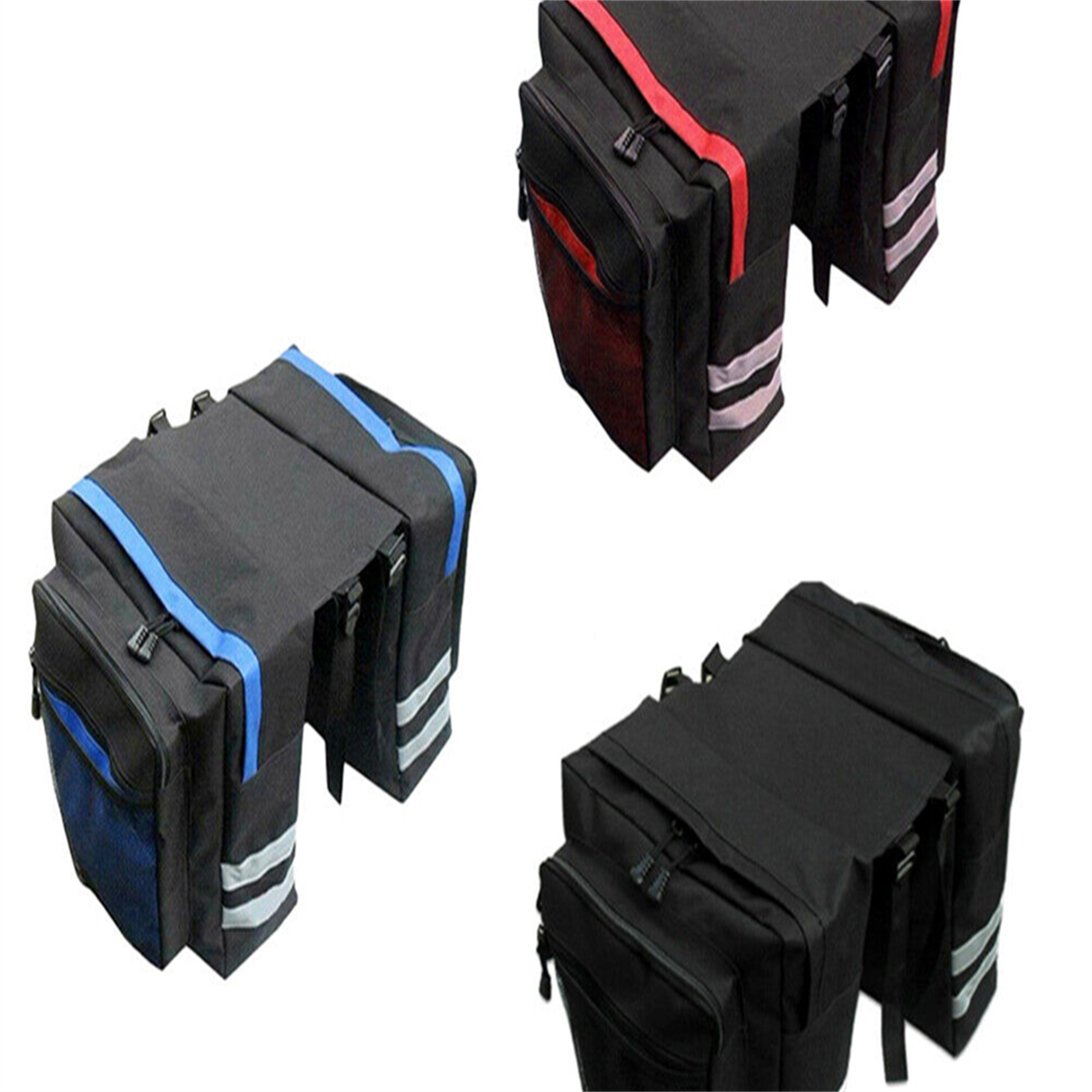 Drei schwarze Fahrradtaschen mit verschiedenfarbigen Streifen: blau, schwarz und rot. Reflektierende Streifen sind darauf.