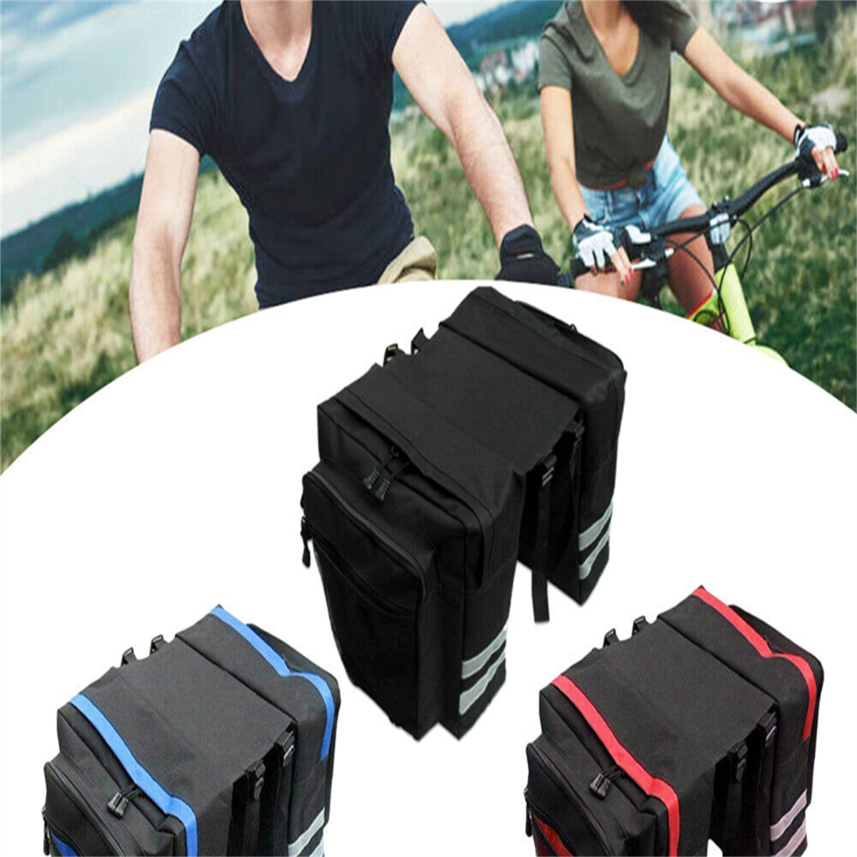Drei schwarze Fahrradtaschen mit reflektierenden Streifen. Im Hintergrund sind zwei Radfahrer zu sehen.
