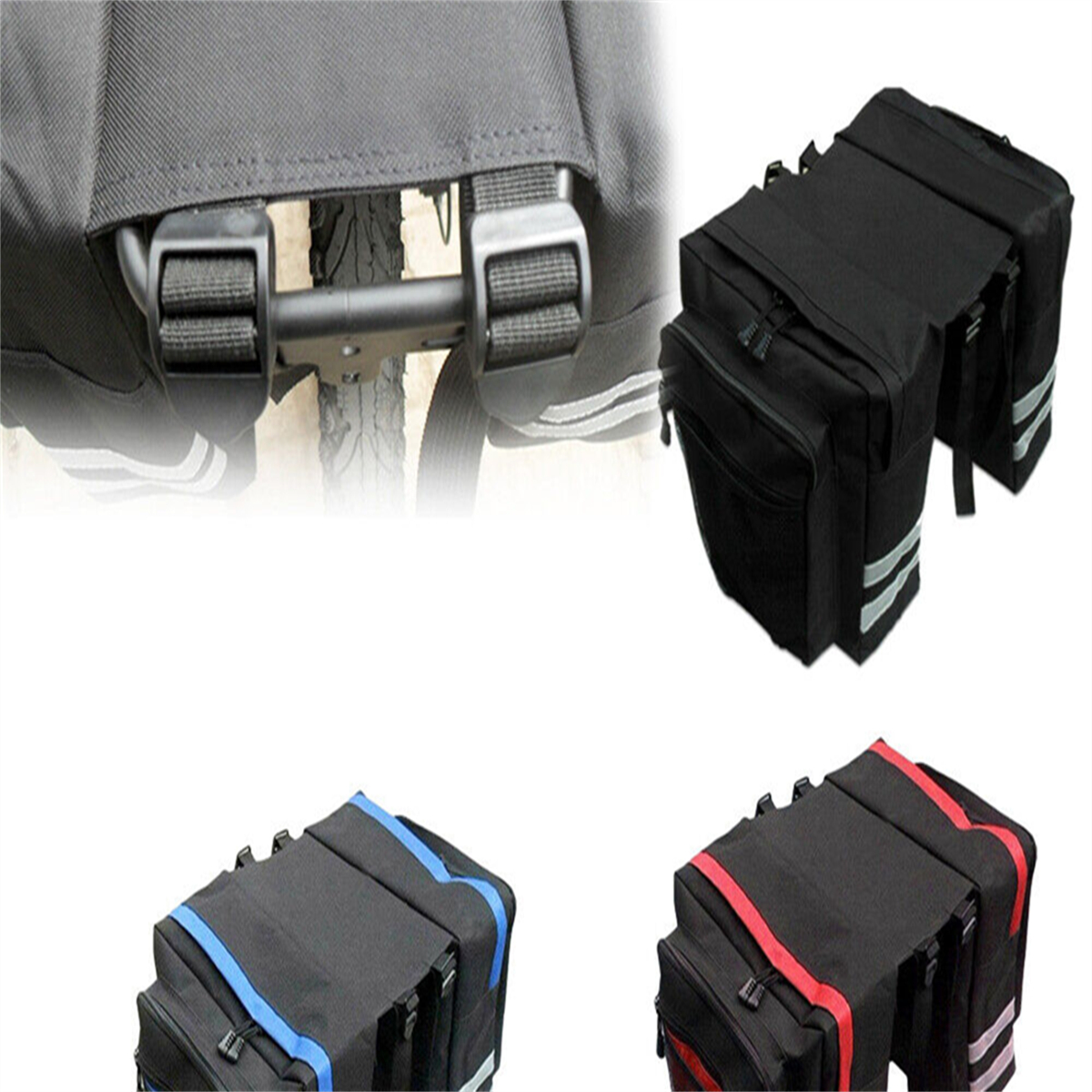 Mehrere schwarze Fahrradtaschen an einem Gepäckträger befestigt. Einige haben reflektierende Streifen, verschiedene Farben.