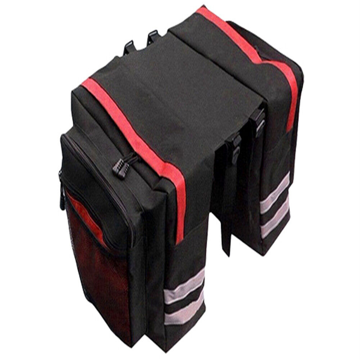 Schwarze und rote Fahrradtasche. Die Tasche ist mit roten und reflektierenden Streifen am Fahrrad befestigt.