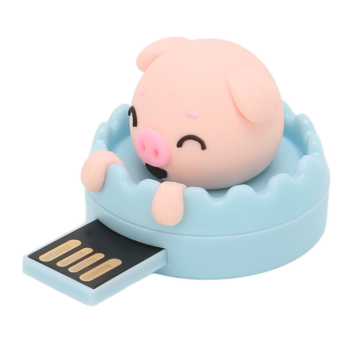 Rosa, schwein-förmiger USB-Stick in einem blauen, burgartigen Halter, USB-Anschluss sichtbar.