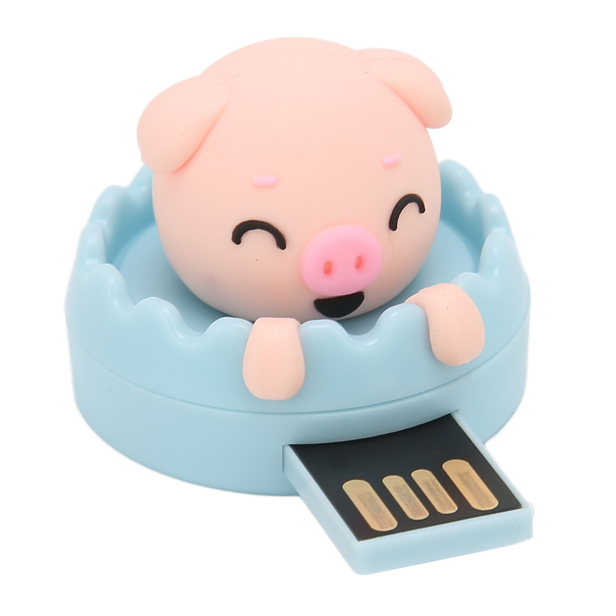 Niedlicher rosa Schwein USB-Stick in hellblauem Halter mit USB-Anschluss.